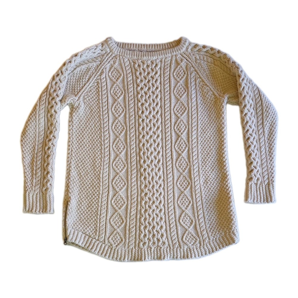 LL Bean Womens Sweater Sz L Cable Knit Chunky Fisherman Ivory Heritage Side Zips